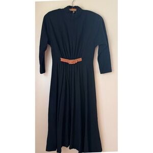 VTG Herman Geist Black Mock Neck Pleated Midi Dress with Belt Size 10 Winter